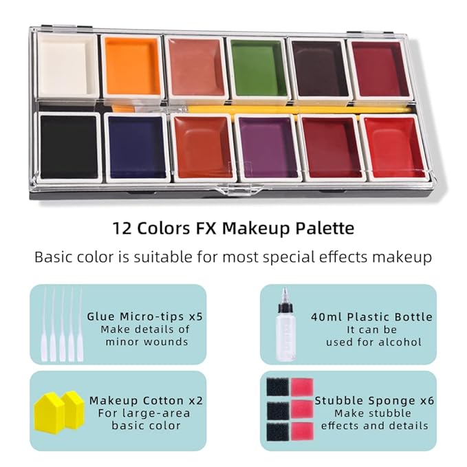 12 Colors Alcohol Activated Makeup Palette Set with Mimic Wound Sponge Makeup Egg for SFX Makeup Halloween Makeup-GlimoraGlow
