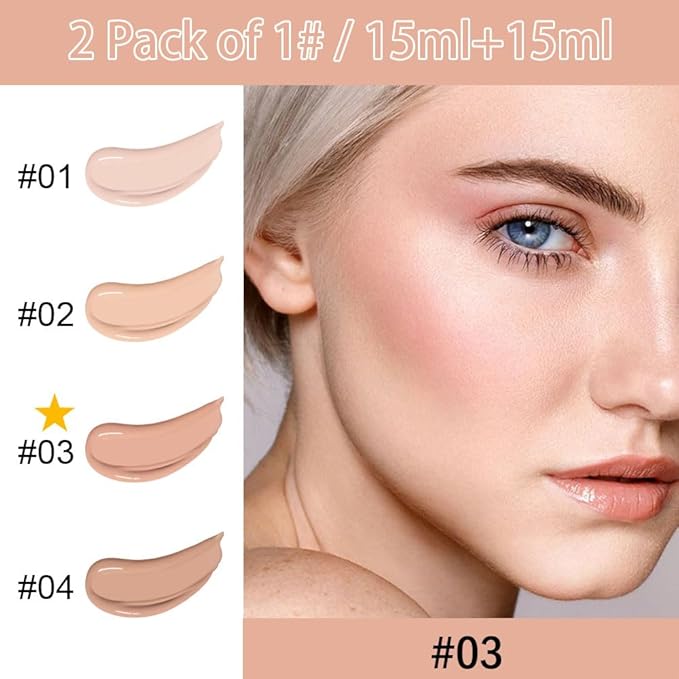 2 Pack Liquid Foundation Cream with Foundation Brush for Face Makeup,Durable Full Coverage Matte Concealer Make Up,Oil Control & Waterproof Base Primer -1 Fl.Oz (#03)-GlimoraGlow