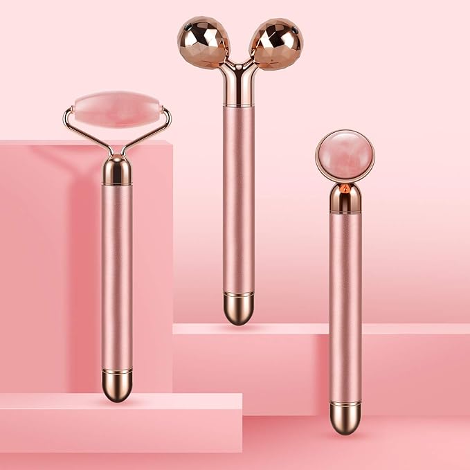 3-IN-1 Electric Jade Roller 3D Roller Facial Roller & Face Massager, Rose Quartz-GlimoraGlow