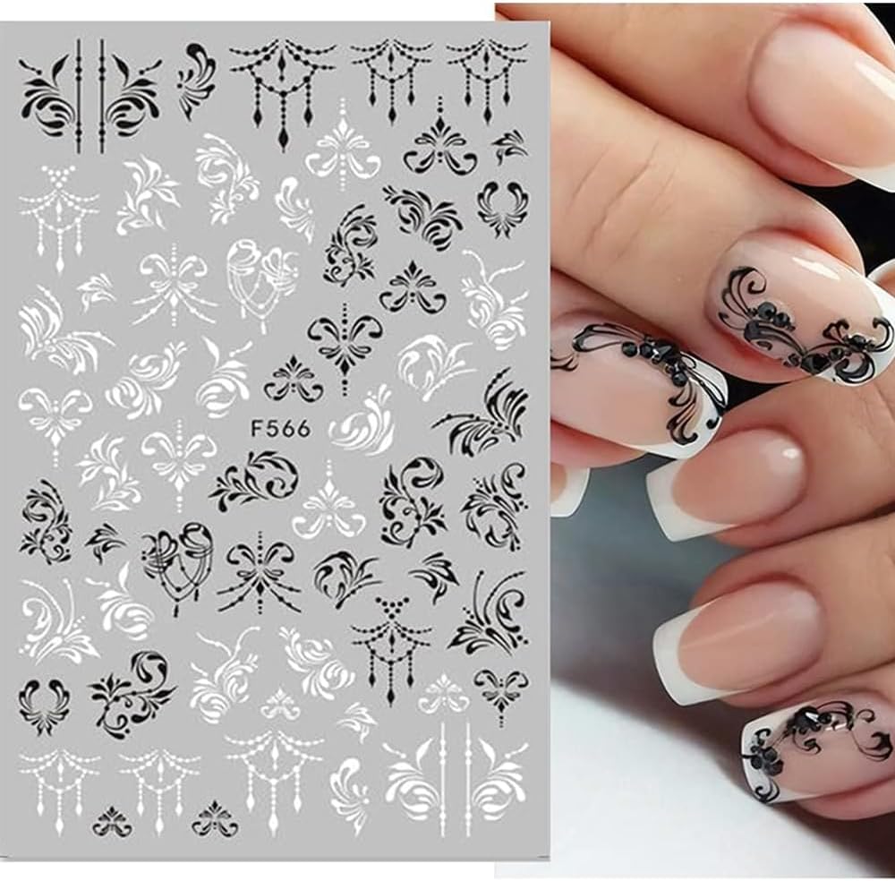 10 Sheets Black White Leaves Flower Nail Art Stickers 3D Self-Adhesive Retro Floral Vine Pattern Nail Decals Tropical Plants Mandala Leaf Geometry Transfer Decals Nail Art Decorations for Women Girls-GlimoraGlow