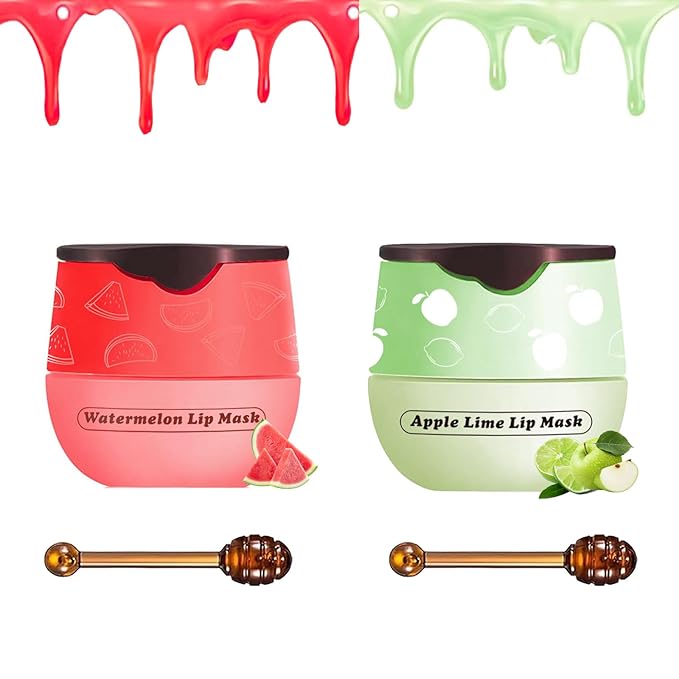 2 PCS Bee Lip Balm Honey Pot, Watermelon Apple Bee Lip Balm Sleeping Lip Mask Overnight with Sticks, Honey Pot Lip Balm Hydrating Exfoliating Prevention Dry and Crack Lip Scrubs-GlimoraGlow