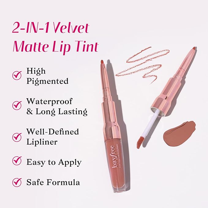 2-IN-1 Lip Liner and Lip Stain, High Pigmented Long Lasting Velvet Lip Tint, Well-Defined Lipliner, Weightless Waterproof Not Animal Tested, Matte Finish Makeup-GlimoraGlow