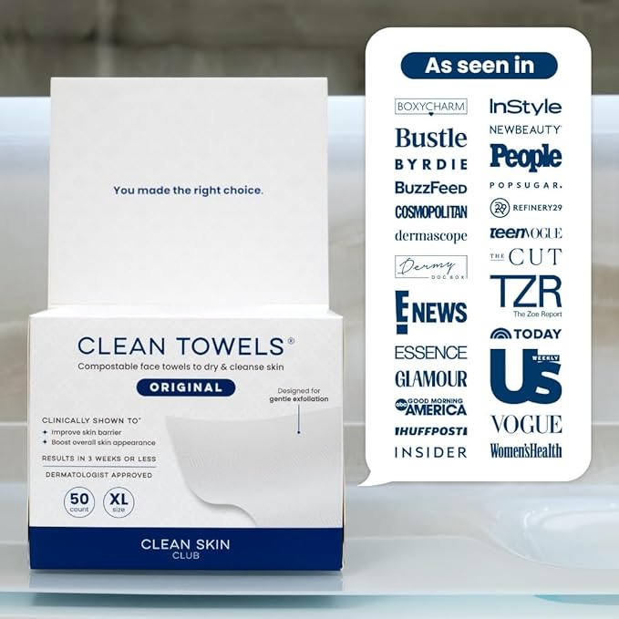 Clean Skin Club Clean Towels XL, USDA Certified 100‪%‬ Biobased Dermatologist Approved Disposable Face Towelette, Facial Washcloth, Makeup Remover Dry Wipes, Ultra Soft, 150 count, 3 pack-GlimoraGlow