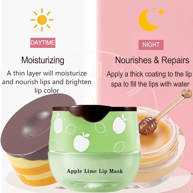 1PCS Lip Balm Honey Pot,Honey/Apple Lime Lip Mask Overnight Moisturizing Lip Balm,Hydrating Prevention Dry & Cracked Lip Exfoliator Lip Wrinkle Care Sleeping Lip Mask (Apple Lime)-GlimoraGlow