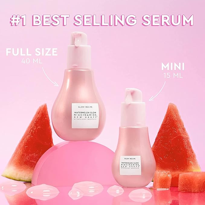 Glow Recipe Watermelon Niacinamide Dew Drops, Travel Size - Brightening, Plumping Hydrating Face Serum, Makeup Primer + Liquid Highlighter with Hyaluronic Acid - Dewy & Glowing Korean Skin Care (15ml)-GlimoraGlow