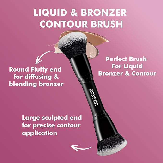 Bueart Design Complexion Duo Brush and Liquid & Bronzer Contour Makeup brushes set with ultra-soft dense hair Double-ended for Foundation Liquid Cream Concealer,Vegan and Cruelty-Free,M18-GlimoraGlow