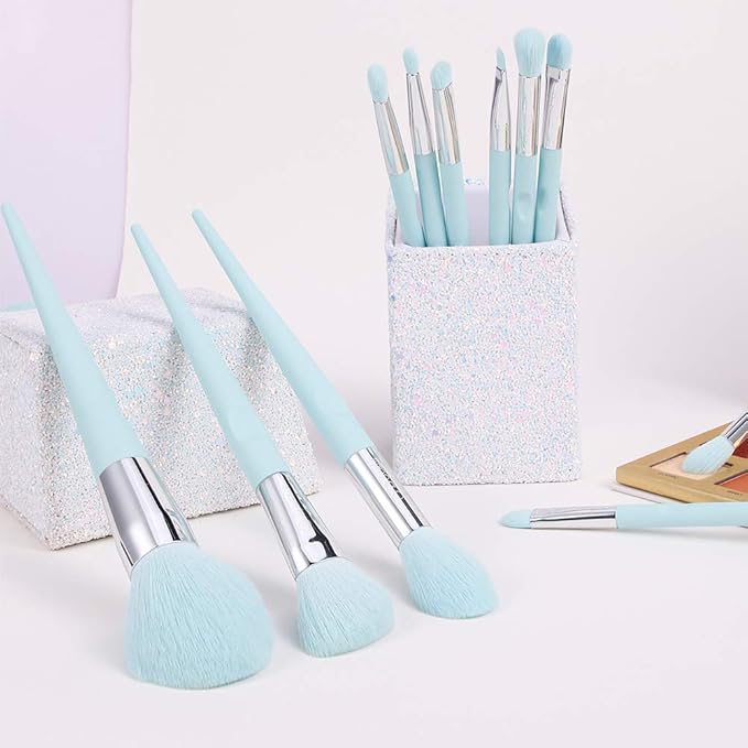 DUcare Makeup Brushes with Holder - 10Pcs Professional Synthetic Make Up Brushes Set for Blush Concealer Foundation Bronzer Powder Eyebrow Contour Eyeshadow Blending Makeup Brush Set, Ice Lake Blue-GlimoraGlow
