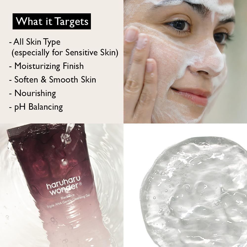 HARUHARU wonder Black Rice Triple AHA Gentle Cleansing Gel 3.38 fl oz, Hydrating Cleansing gel, Gentle exfoliating, Vegan, Travel essentials, Korean Skincare-GlimoraGlow