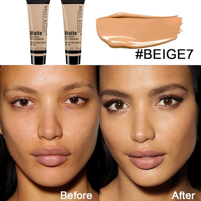 2 Pack Liquid Foundation Cream for Face Makeup,Durable Full Coverage Matte Concealer Make Up,Oil Control & Waterproof Base Primer -1+1 Fl.Oz (BEIGE 7#)-GlimoraGlow