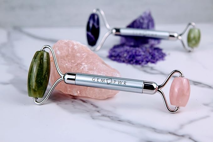 Rose Quartz + Jade Roller for Face and Neck Massage, Dual Gemstones with Durable Steel Handle and Travel Bag. Minimize Wrinkles, Reduce Puffiness and Restore Skin's Elasticity and Radiance-GlimoraGlow