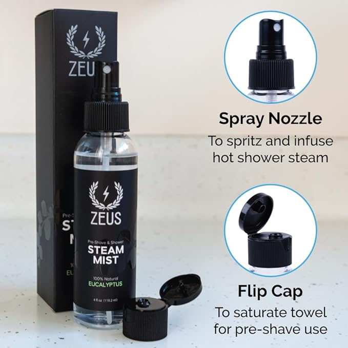 ZEUS 100% Natural Eucalyptus Oil Steam Mist, Aromatherapy Spray for Shower, Sauna, Bath & Pre-Shave, Nasal Relief & Spa-Inspired Refreshment (Made in USA) 4 oz.-GlimoraGlow