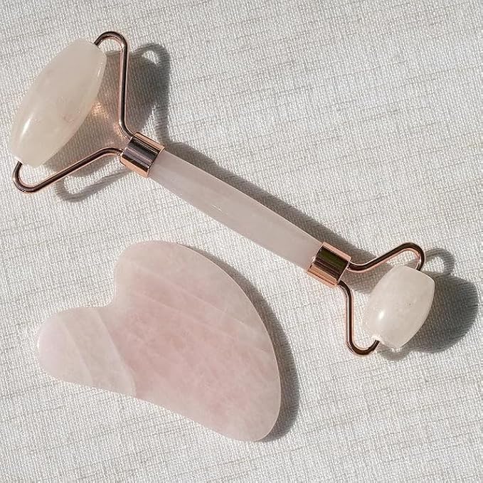Rose Quartz Roller and Gua sha Set | Reduces Wrinkles, Fine lines and Dark Circles | Pink Jade Roller | Anti-aging Massager for Skin Toning and Tightening for Face, Eyes, Neck-GlimoraGlow