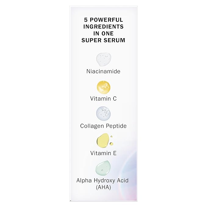 Olay Super Serum - Niacinamide, Vitamin C & E, Collagen Peptide, AHA - 5-in-1 Skin Care Benefits for Face - Healthy Glow, Brightening, Hydrating, Smoothing, Firming, Evens Tone, Anti-Aging, 1.0 Oz-GlimoraGlow