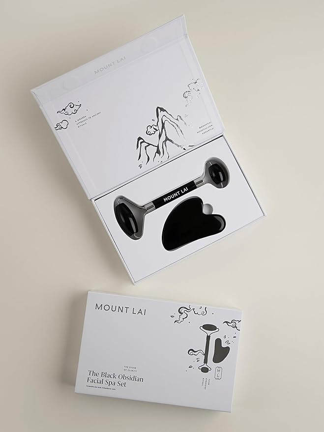 Mount Lai Obsidian Gua Sha Facial Tools, Black Obsidian Gua Sha Facial Tools Set and Roller, Guasha Tool for Face to Relieve Muscle Tension and Reduce Puffiness, Anti Aging Skin Care Sets for Women-GlimoraGlow