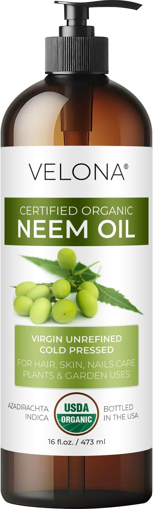 velona Neem Oil USDA Certified Organic - 16 Fl Oz | 100% Pure and Natural Carrier Oil | Virgin, Unrefined, Cold Pressed | Hair, Body and Skin Care | Use Today - Enjoy Results-GlimoraGlow