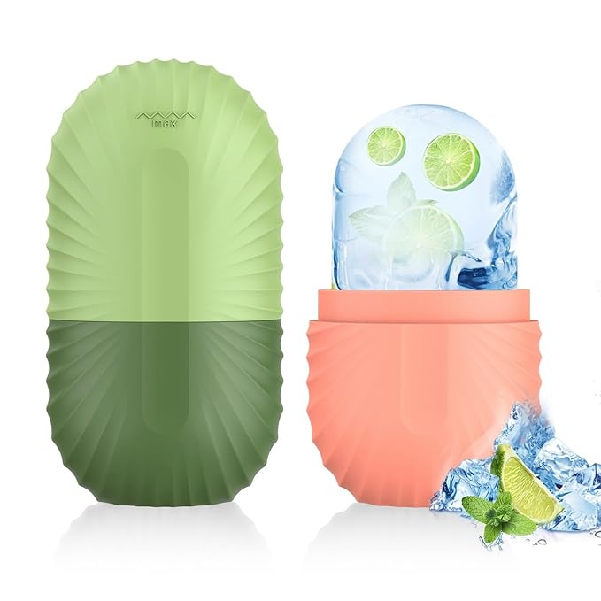 2pcs Ice Roller for Face and Eye, Silicone Ice Facial Roller Ice Holder, Face Ice Mold Skin Care, Face Icers Reusable Ice Cube Roller for Shrink Pores Anti Wrinkle Reduce Puffiness, Pink Green-GlimoraGlow