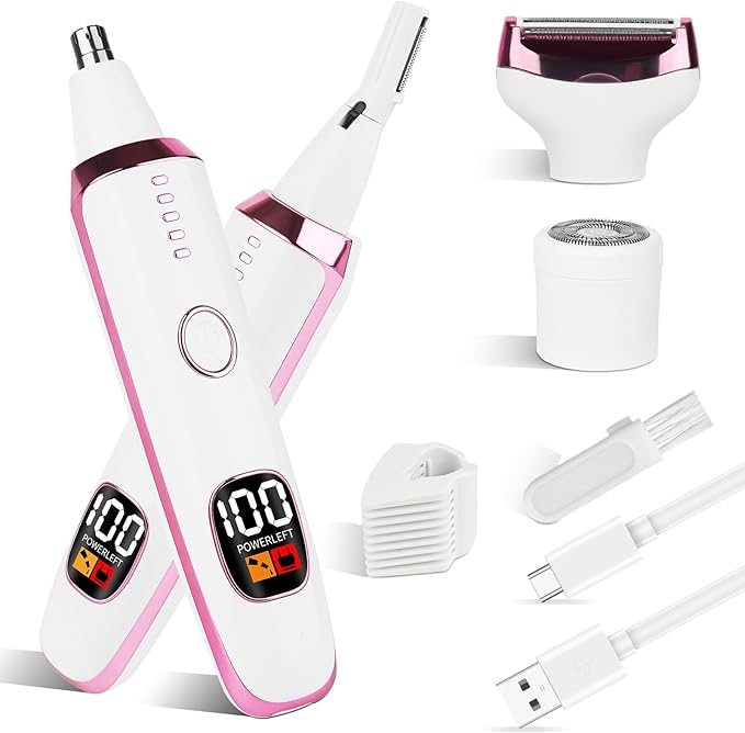 2025 Rechargeable Nose and Ear Hair Trimmer with LED Dispaly for Women Men,4 in 1 Painless Eyebrow & Facial Hair Trimmer with Powerful Motor,Ladies Wet & Dry Electric Razor (White)-GlimoraGlow