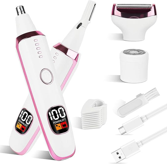 2025 Rechargeable Nose and Ear Hair Trimmer with LED Dispaly for Women Men,4 in 1 Painless Eyebrow & Facial Hair Trimmer with Powerful Motor,Ladies Wet & Dry Electric Razor (White)-GlimoraGlow