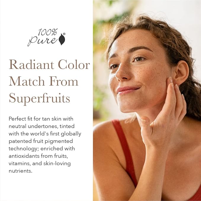 100% PURE Healthy Foundation Full Face Coverage Makeup, Liquid Matte Finish with Anti-Aging Benefits - Vegan Gorgeous Fruit Pigmented Toffee Color (Tan with Neutral Undertone) - 1 Fl Oz-GlimoraGlow