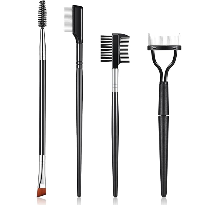 Skyley 4 Pieces Eyebrow Brush Eyelash Separator Brow Comb and Lash Spoolie Professional Eye Makeup Tools Metal Folding Lash Comb Black Double Head Eyelash Brush-GlimoraGlow