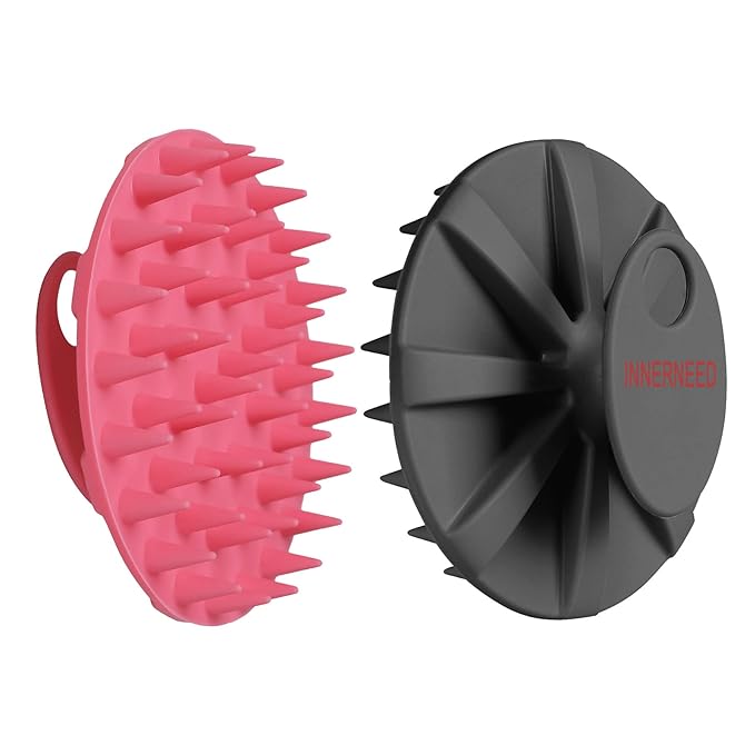 INNERNEED Scalp Massager Shampoo Brush, Wet & Dry Manual Scalp Care Head Scrubber Hair Washing, Soft Silicone Bristles, for Hair Growth, Dandruff Removal (Black+Pink)-GlimoraGlow
