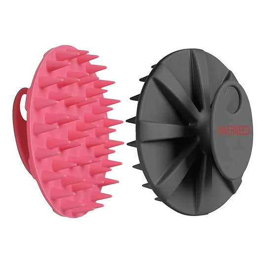 INNERNEED Scalp Massager Shampoo Brush, Wet & Dry Manual Scalp Care Head Scrubber Hair Washing, Soft Silicone Bristles, for Hair Growth, Dandruff Removal (Black+Pink)-GlimoraGlow