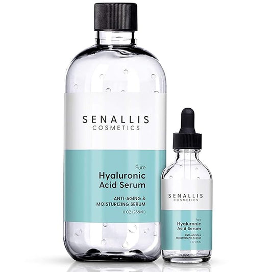 Hyaluronic Acid Serum 8 fl oz And 2 fl oz, Made From Pure Hyaluronic Acid, Anti Aging/Wrinkle, Ultra-Hydrating Moisturizer That Reduces Dry Skin Manufactured In USA-GlimoraGlow