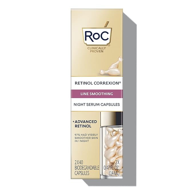 RoC Retinol Correxion Anti-Aging Wrinkle Night Serum, Retinol Serum for Face, Daily Treatment for Fine Lines, Post Acne Scars, 80 Capsules (Limited Edition Value Set), Unscented-GlimoraGlow