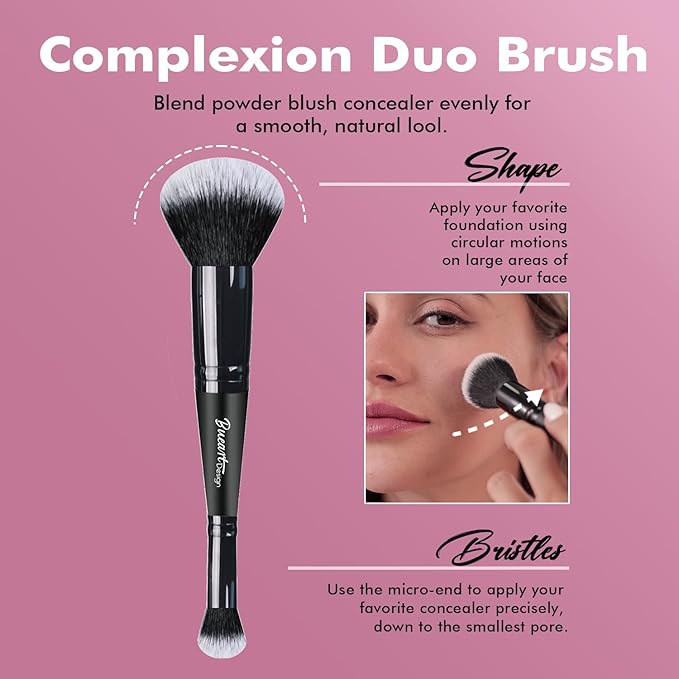 Bueart Design Complexion Duo Brush and Liquid & Bronzer Contour Makeup brushes set with ultra-soft dense hair Double-ended for Foundation Liquid Cream Concealer,Vegan and Cruelty-Free,M18-GlimoraGlow