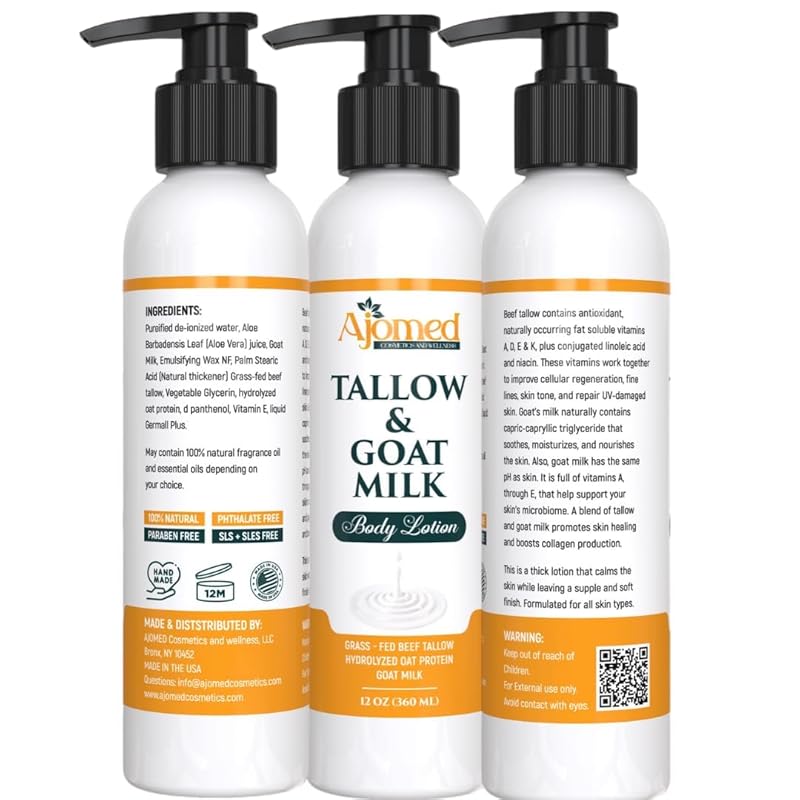 Grass Fed Beef Tallow & Goat Milk Body Lotion for Sensitive Skin, Organic Tallow Lotion - Soothes Dry Patches, Goat Milk Moisturizer - Handmade Tallow Body Lotion (Lavender Vanilla, 8 Oz)-GlimoraGlow