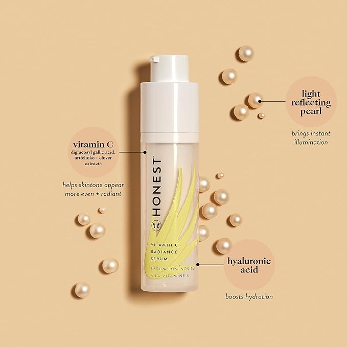Honest Beauty Vitamin C Radiance Brightening Serum | Improves Skin Tone + Complexion | Vitamin C, Pearl, Hyaluronic Acid | EWG Verified + Cruelty Free | 1 fl oz-GlimoraGlow