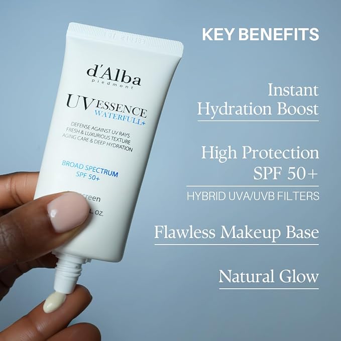 d'alba Piedmont Italian White Truffle Waterfull Essence Sunscreen, Vegan Skincare, Lightweight Sunscreen with BROAD SPECTRUM SPF 50+, Glowy, Safe for all Skin Types, Korean Skin Care (1.69 fl. oz)-GlimoraGlow