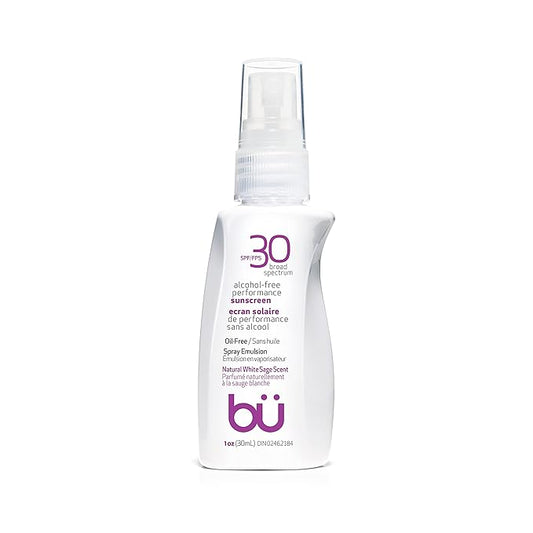 BU SPF 30 Sunscreen Spray for Face and Body, Non Aerosol Spray, TSA Travel Size Sunblock, Clear, Non Greasy, Water Resistant, White Sage 1 oz-GlimoraGlow