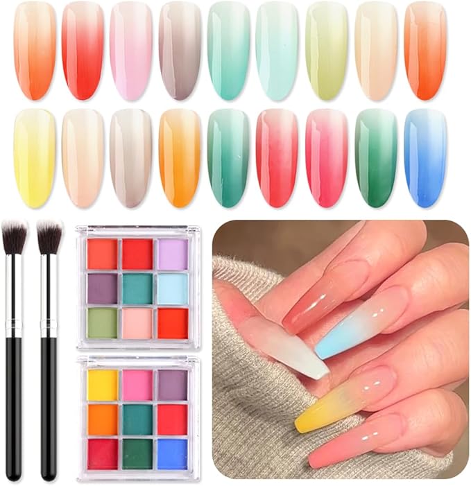 18 Colors Neon Phosphor Solid Pigment Powder Set for Ombre Nails, Fluorescent Nail Pigment Glitter Iridescent Rubbing Dust with Nail Ombre Brush for Gradient Nail Art Manicure DIY Accessories-GlimoraGlow