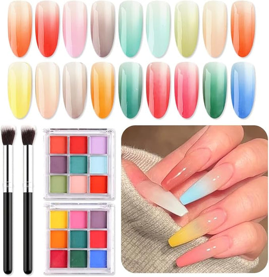 18 Colors Neon Phosphor Solid Pigment Powder Set for Ombre Nails, Fluorescent Nail Pigment Glitter Iridescent Rubbing Dust with Nail Ombre Brush for Gradient Nail Art Manicure DIY Accessories-GlimoraGlow