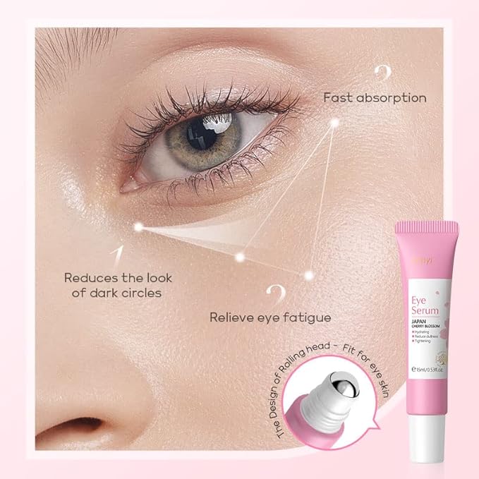 AKARY Cherry Blossom Eye Roller Serum Eye Moisturizer, Deep Hydration Eye Serum with Caffeine and Sodium Hyaluronate, Under Eye Cream to Reduce Dark Circles, Fine Lines, Smoothing Skin Care Treatment-GlimoraGlow