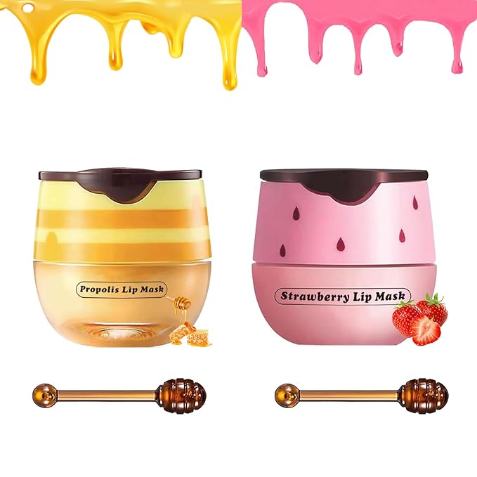 2 PCS Bee Lip Balm Honey Pot, Honey Strawberry Bee Lip Balm Sleeping Lip Mask Overnight with Sticks, Honey Pot Lip Balm Hydrating Exfoliating Prevention Dry and Crack Lip Scrubs-GlimoraGlow