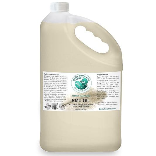 Bella Terra Oils Pure Emu Oil - 1 gallon. For Enhanced Skin Hydration and Smoothness – Lightweight, Non–Greasy-GlimoraGlow