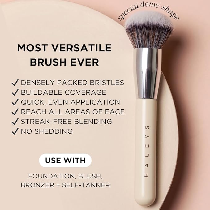 HALEYS Kabuki Makeup Brush + GWP Skin Tint Mini, VEGAN+CRUELTY-FREE, Sustainable Wood, Vegan Bristles for Airbrushed Finish, For Creams, Liquids, Powder, Streak-free, Perfect Blending, Buffs, Blurs-GlimoraGlow