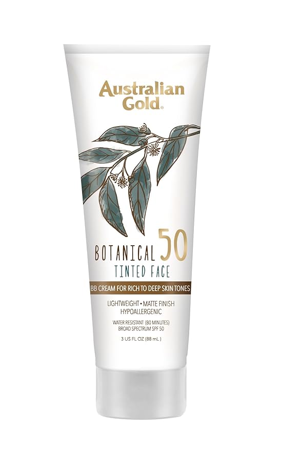 Australian Gold Botanical SPF 50 Tinted Sunscreen for Face, Non-Chemical BB Cream & Mineral Sunscreen,Water-Resistant,Matte Finish,For Sensitive Facial Skin,Rich to Deep Skin Tones, 3 FL Oz, Rich-Deep-GlimoraGlow
