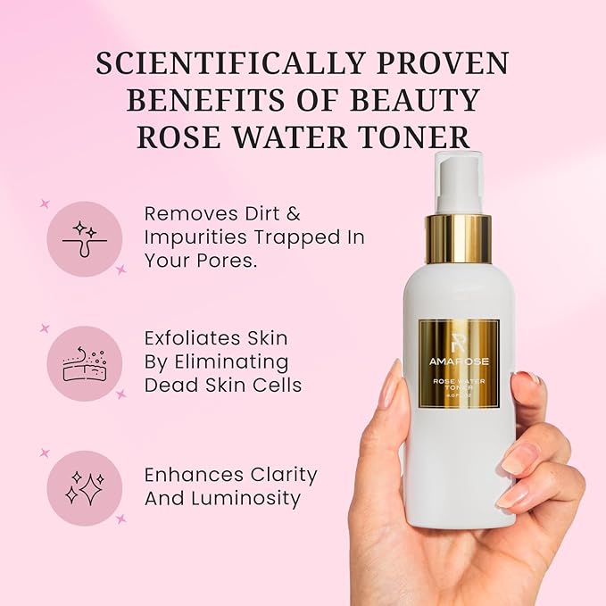 Amarose Rose Water Spray - Revitalizing, Facial Toner - Water for Face - Rose Water Toner - All Skin Types - Hydrating- Rosewater, Spray, Mist with Hyaluronic Acid-GlimoraGlow