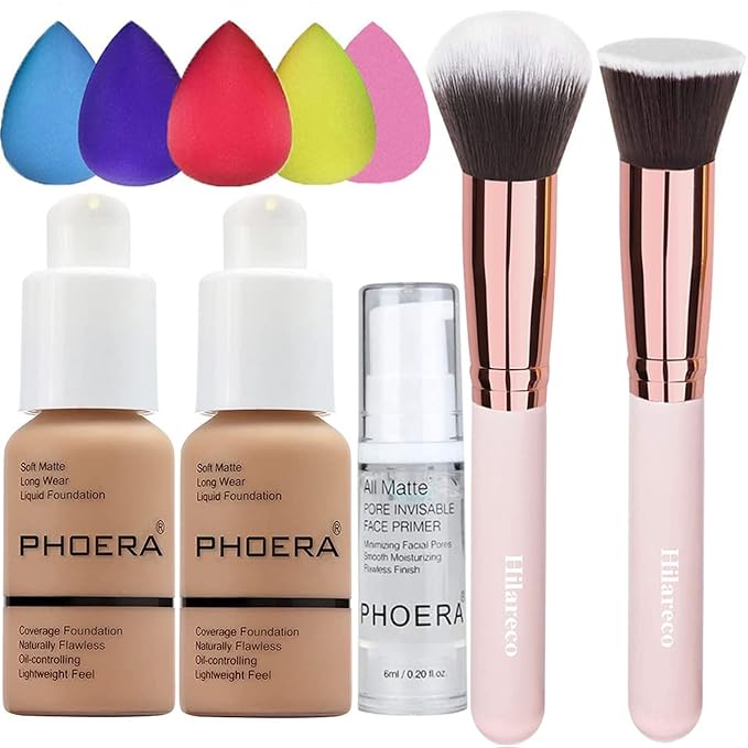 2 Pack PHOERA Foundation Sand 105 and Face Primer, Liquid Full Coverage Foundation Set, Foundation Brush Powder Brush,5 Makeup Sponge, 24HR Matte Oil Control Concealer (2pcs 105 Sand)-GlimoraGlow
