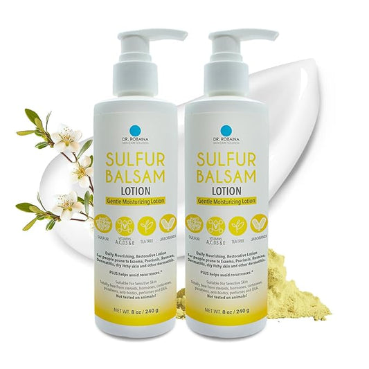 Dr. Robaina Sulfur Balsam Lotion – Lightweight Moisturizer for Dry, Flaky & Itchy Skin – Calms Redness, Supports Skin Barrier & Locks Hydration – Shea Butter & Tea Tree – 8 fl oz, USA Made-GlimoraGlow