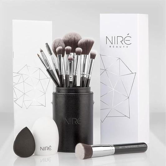 Niré Beauty 15piece Award Winning Professional Makeup Brush Set: Vegan Makeup Brushes with Case, Makeup Sponge, Brush Cleaner, Guide, Gift Box-GlimoraGlow