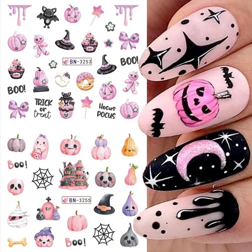 12 Sheets Halloween Nail Art Stickers Pink Pumpkin Water Transfer Nail Decals Cute Ghost Spider Skeleton Acrylic Nail Stickers for Women DIY Manicure Tips Halloween Nail Art Decorations Supplies-GlimoraGlow
