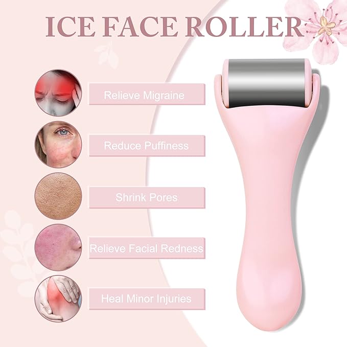 MAANGE Ice Roller for Face 1 Piece Stainless Steel Facial Roller Ice Face Roller for Puffiness,Migraine,Pain Relief and Skin Care (Pink)-GlimoraGlow