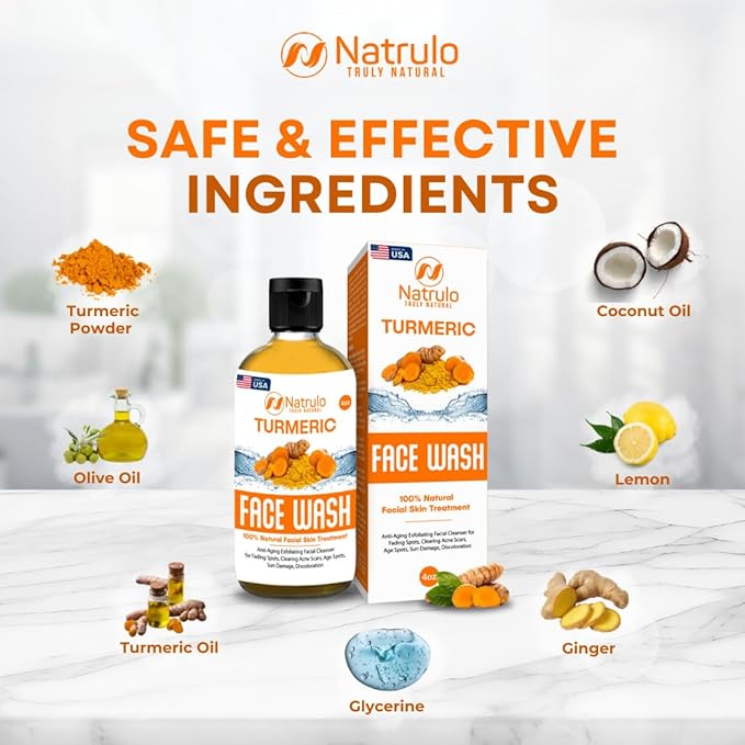 Natrulo Turmeric Face Wash, 4oz Clear Skin Liquid Soap – 100% Natural Anti Aging Exfoliating Turmeric Facial Cleanser for Fading Spots, Clearing Acne Scars, Age Spots, Sun Damage, Discoloration-GlimoraGlow