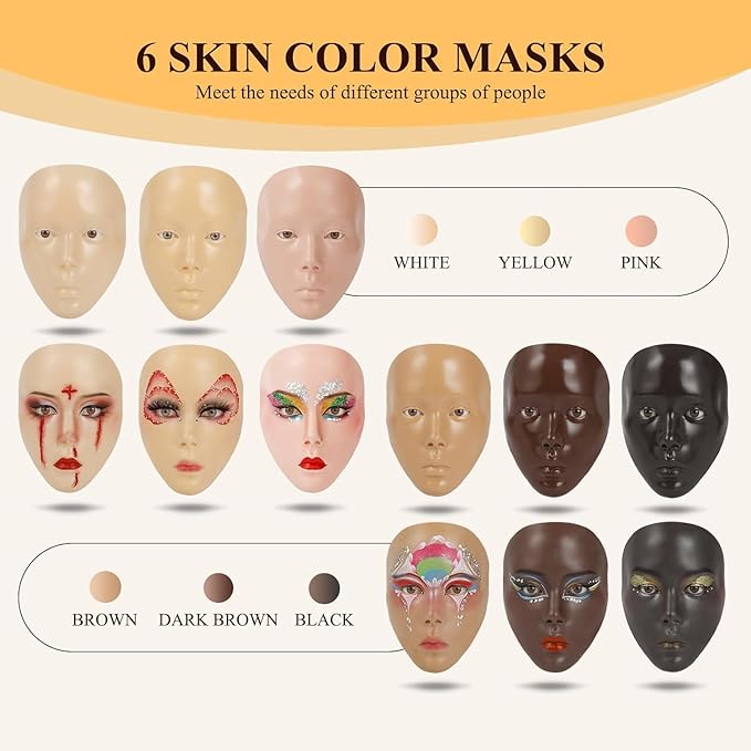 Makeup Practice Face, Eye Makeup Practice Head Silicone, Makeup Practice Accessories Set with Face Painting Mannequin Head, Makeup Brushes, Face Painting and Eyebrow Pen, Makeup Practice Gift, Yellow-GlimoraGlow