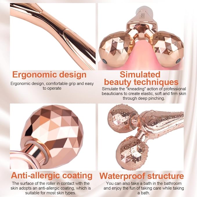 3D Face Roller Metal Facial Massager Face Sculpting Gua Sha Massage Tool for Eye Skin Care Reducing Puffiness Anti-Wrinkle for Women Girl Gift Set(Rose Gold)-GlimoraGlow