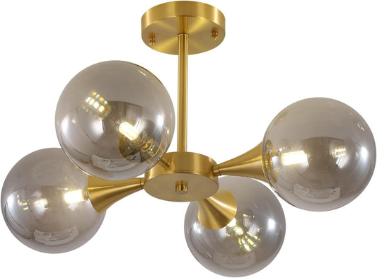 KCO Lighting 4-Lights Modern Gold Globe Semi Flush Mount Ceiling Light Mid Century Brushed Brass Schoolhouse Close to Ceiling Light Smoke Gray Glass Chandelier Lighting for Bedroom